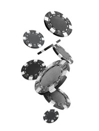 Image of Black casino chips falling on white background