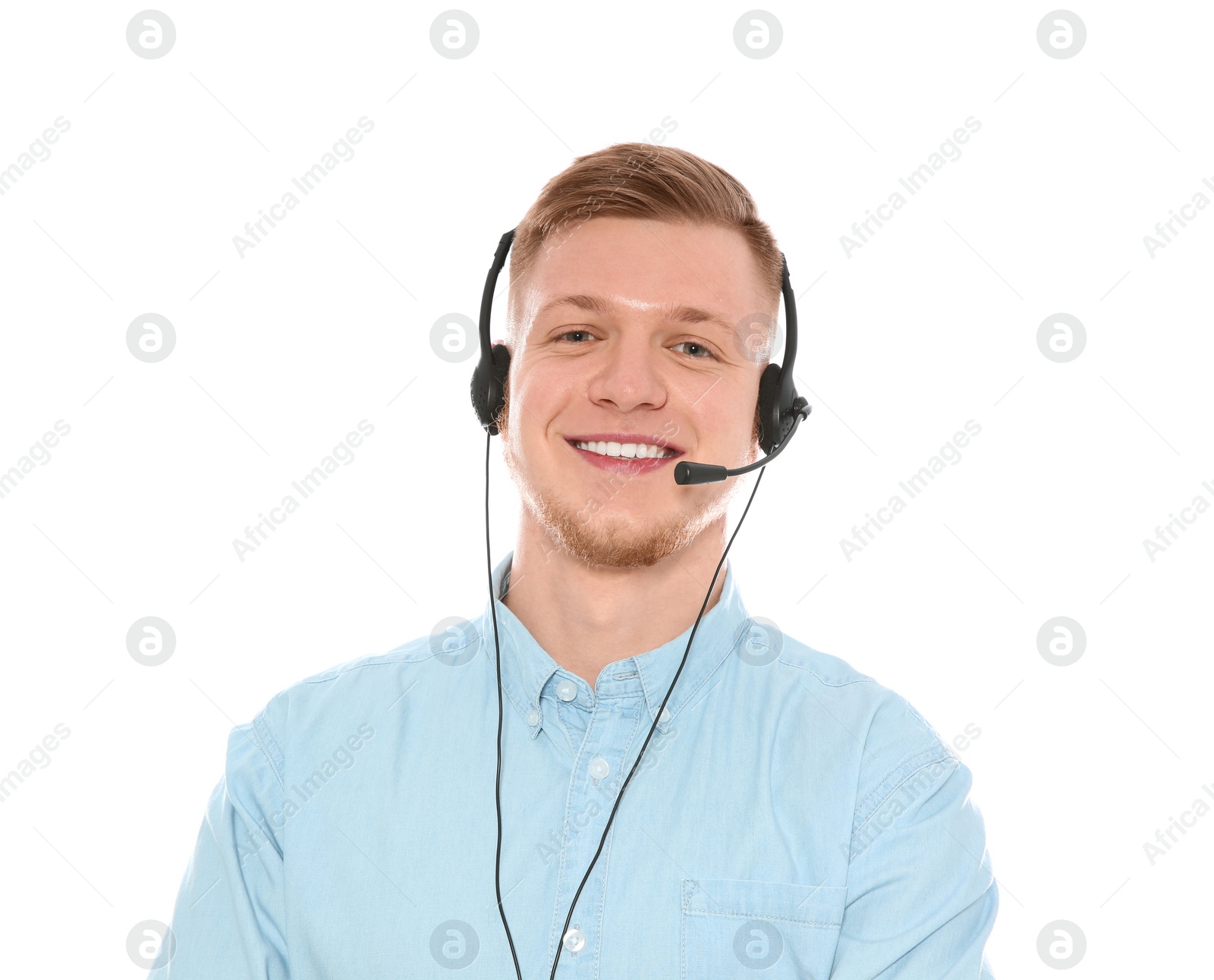 Photo of Portrait of technical support operator with headset isolated on white