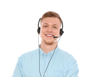 Photo of Portrait of technical support operator with headset isolated on white