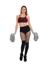 Photo of Beautiful cheerleader in costume holding pom poms on white background