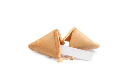 Photo of Traditional homemade fortune cookie with prediction on white background