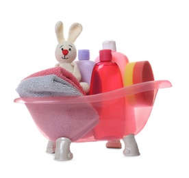 Photo of Baby cosmetic products, towels and knitted rabbit isolated on white