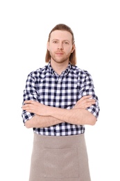 Photo of Portrait of handsome male florist on white background