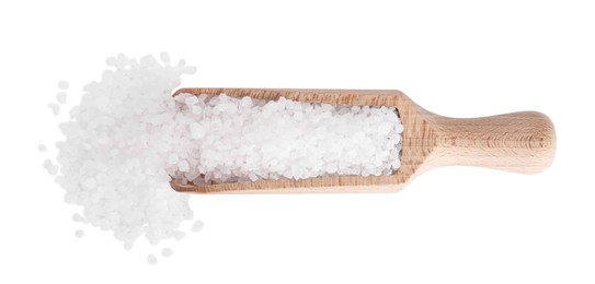Wooden scoop and heap of natural sea salt isolated on white, top view