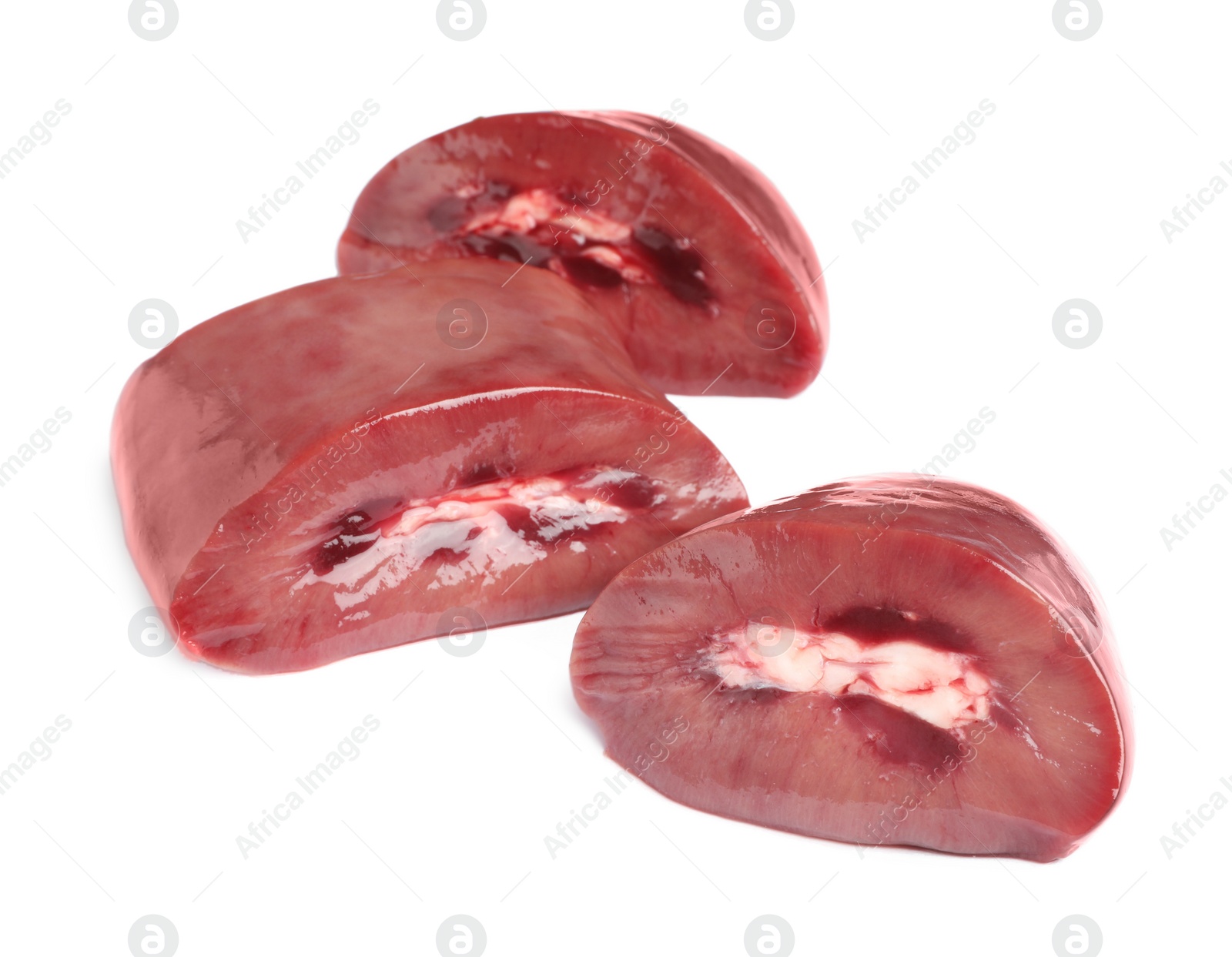 Photo of Cut fresh raw pork kidney on white background
