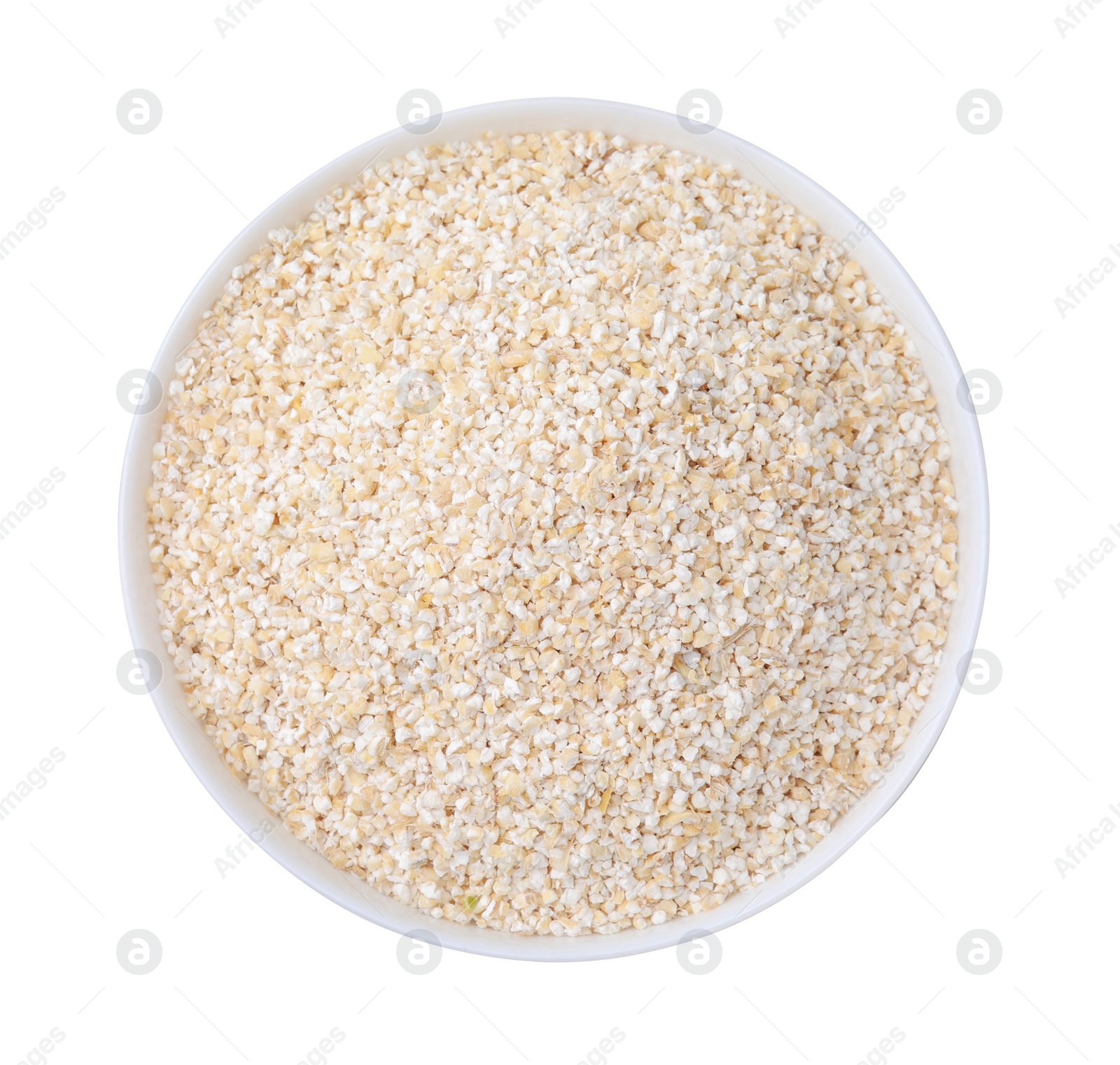 Photo of Raw barley groats in bowl isolated on white, top view