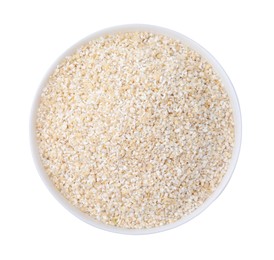 Photo of Raw barley groats in bowl isolated on white, top view