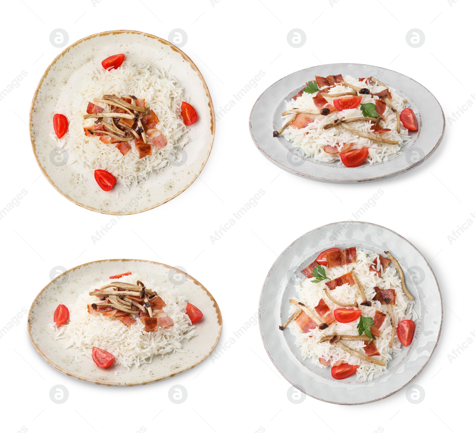 Image of Plates with tasty rice isolated on white, top and side views