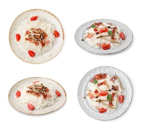 Image of Plates with tasty rice isolated on white, top and side views