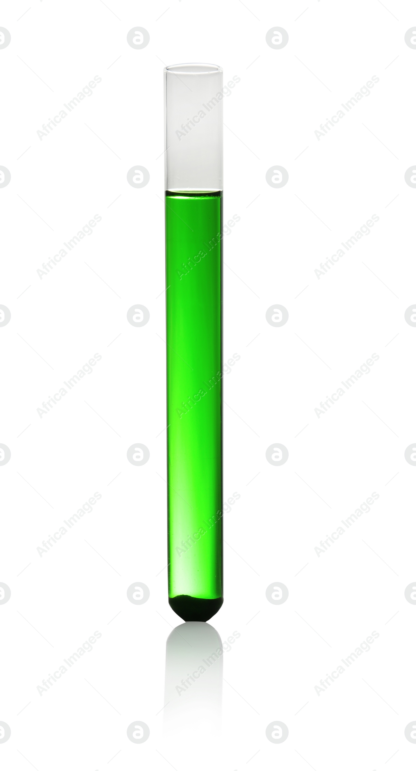 Photo of Test tube of color liquid isolated on white. Solution chemistry