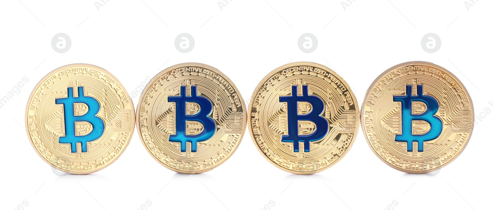 Photo of Row of bitcoins isolated on white, top view. Digital currency