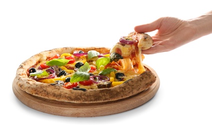 Photo of Woman taking slicetasty vegetable pizza on white background, closeup