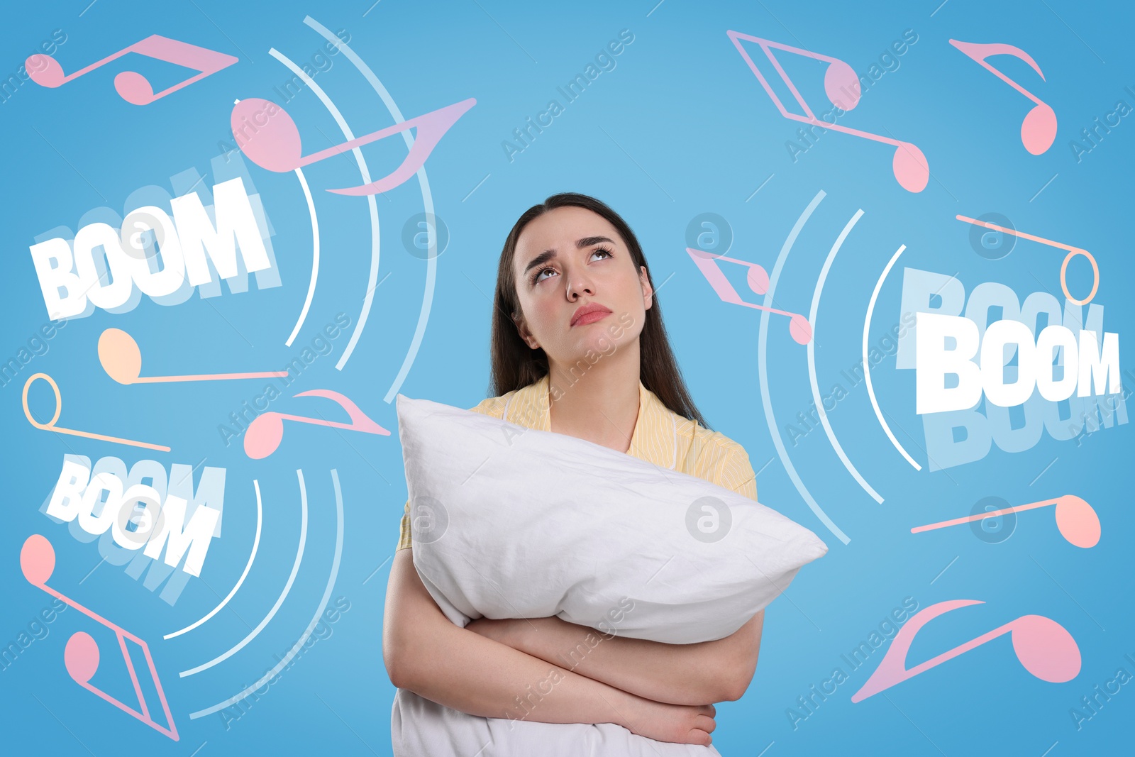 Image of Insomnia. Exhausted woman with pillow can`t falling asleep because of noise on light blue background. Different music notes and words Boom around her