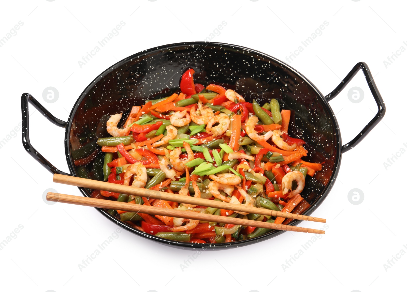 Photo of Shrimp stir fry with vegetables in wok and chopsticks on white background
