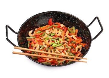 Photo of Shrimp stir fry with vegetables in wok and chopsticks on white background