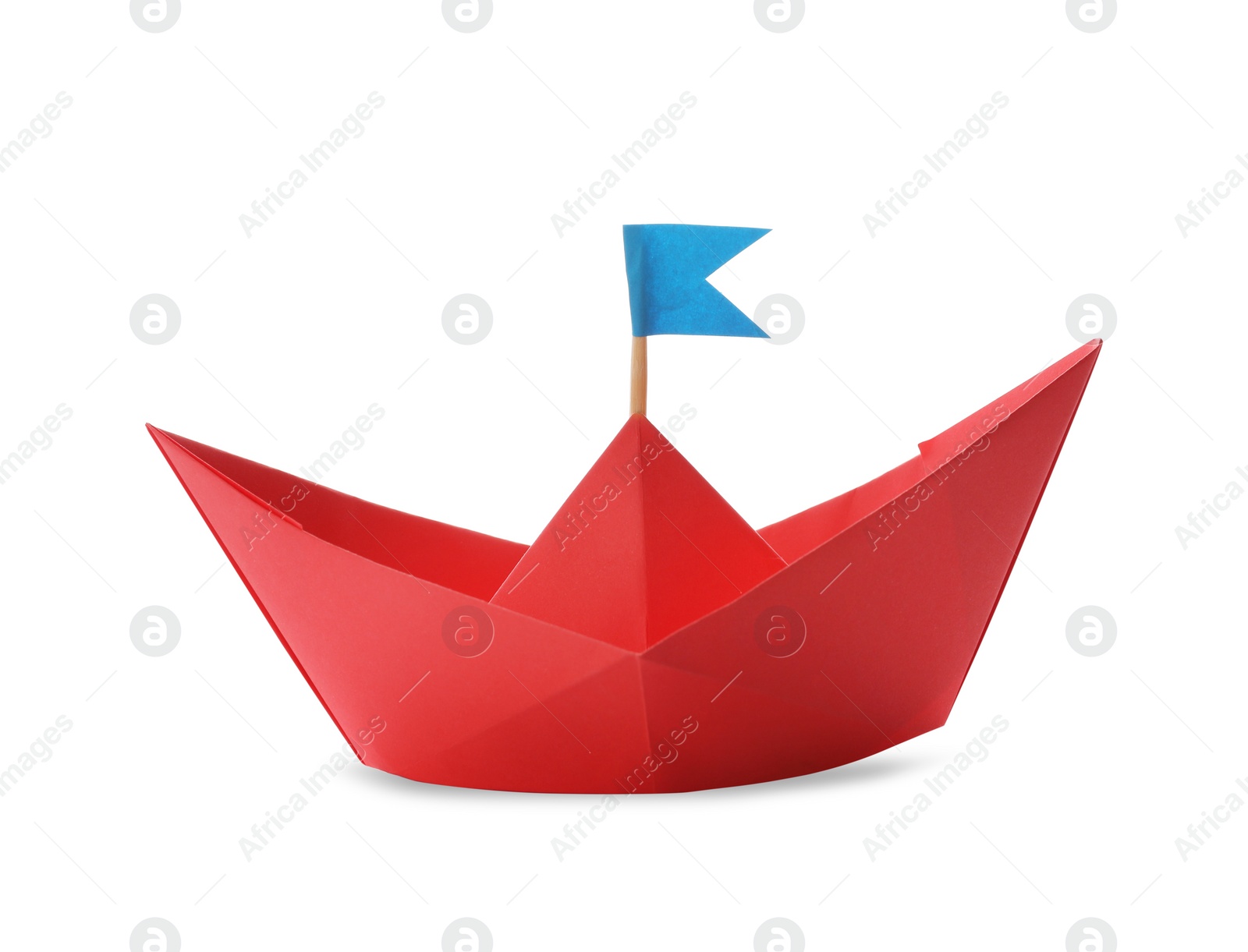 Photo of Handmade red paper boat with flag isolated on white. Origami art