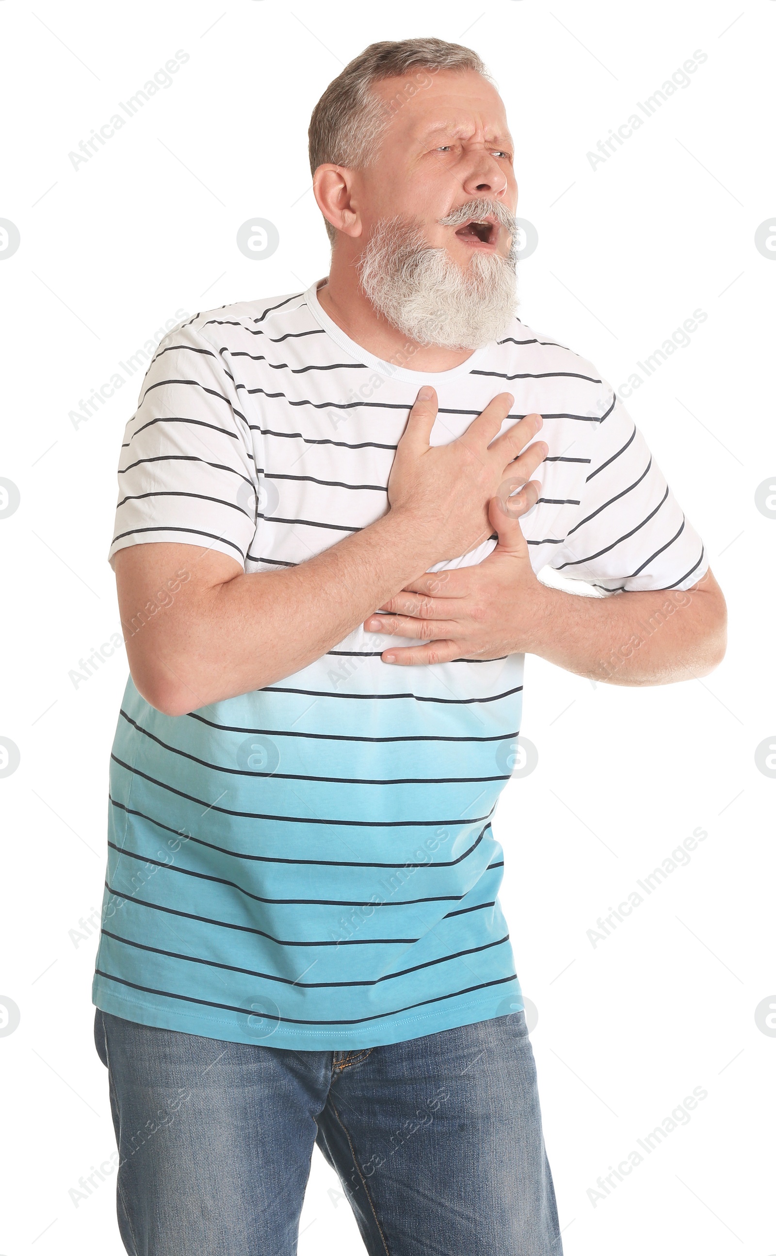 Photo of Mature man having heart attack on white background