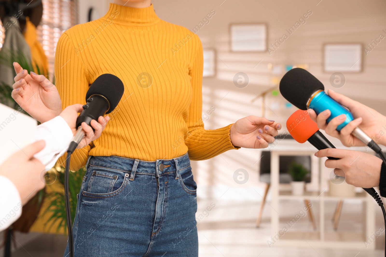 Photo of Group of journalists interviewing woman in room, closeup