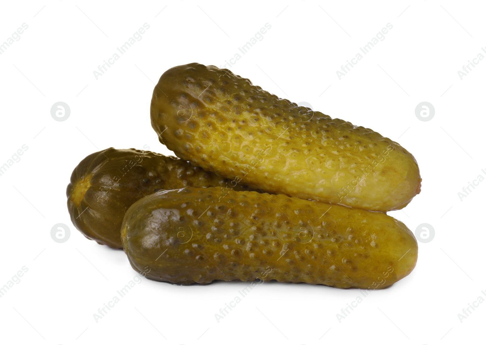 Photo of Tasty crunchy pickled cucumbers on white background