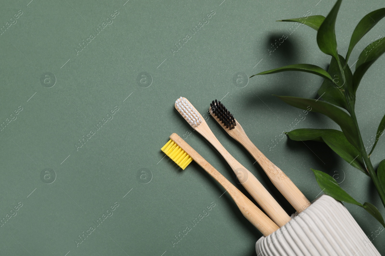 Photo of Toothbrushes and fresh leaves on green background, flat lay