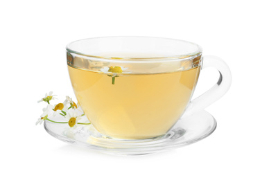 Photo of Delicious chamomile tea in glass cup isolated on white