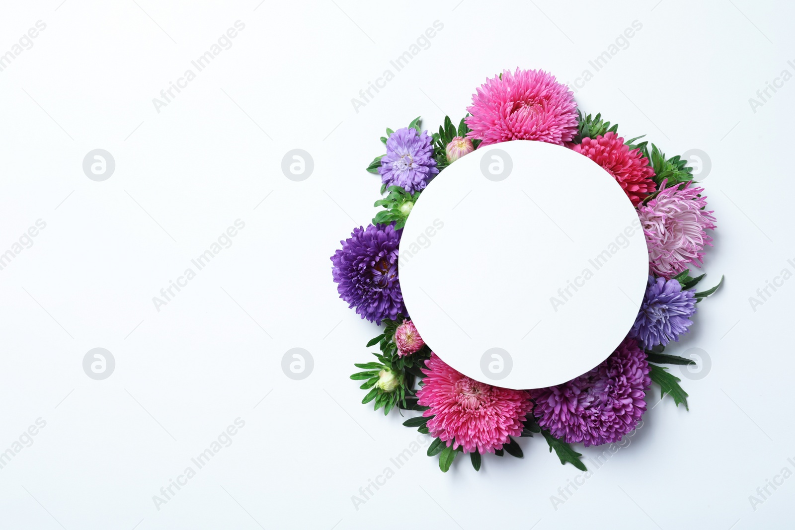 Photo of Beautiful aster flowers with sheet of paper on white background, top view. Space for text