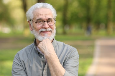 Portrait of happy grandpa with glasses in park, space for text