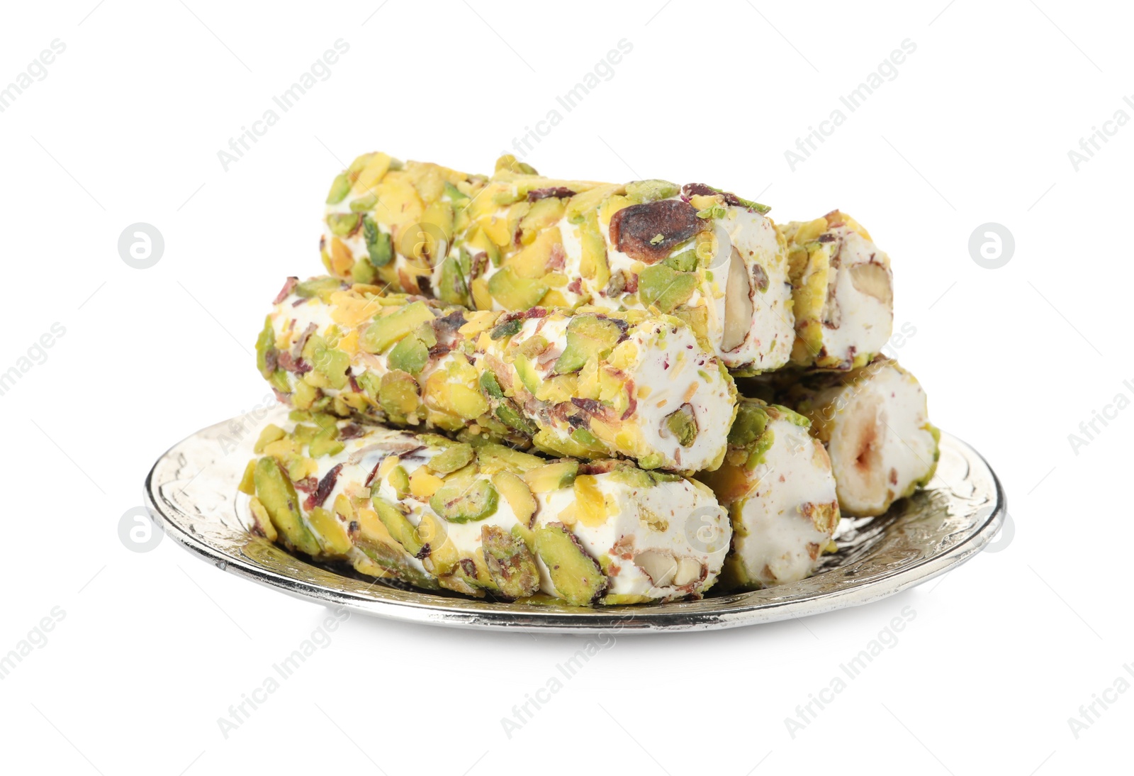 Photo of Turkish delight dessert in plate on white background