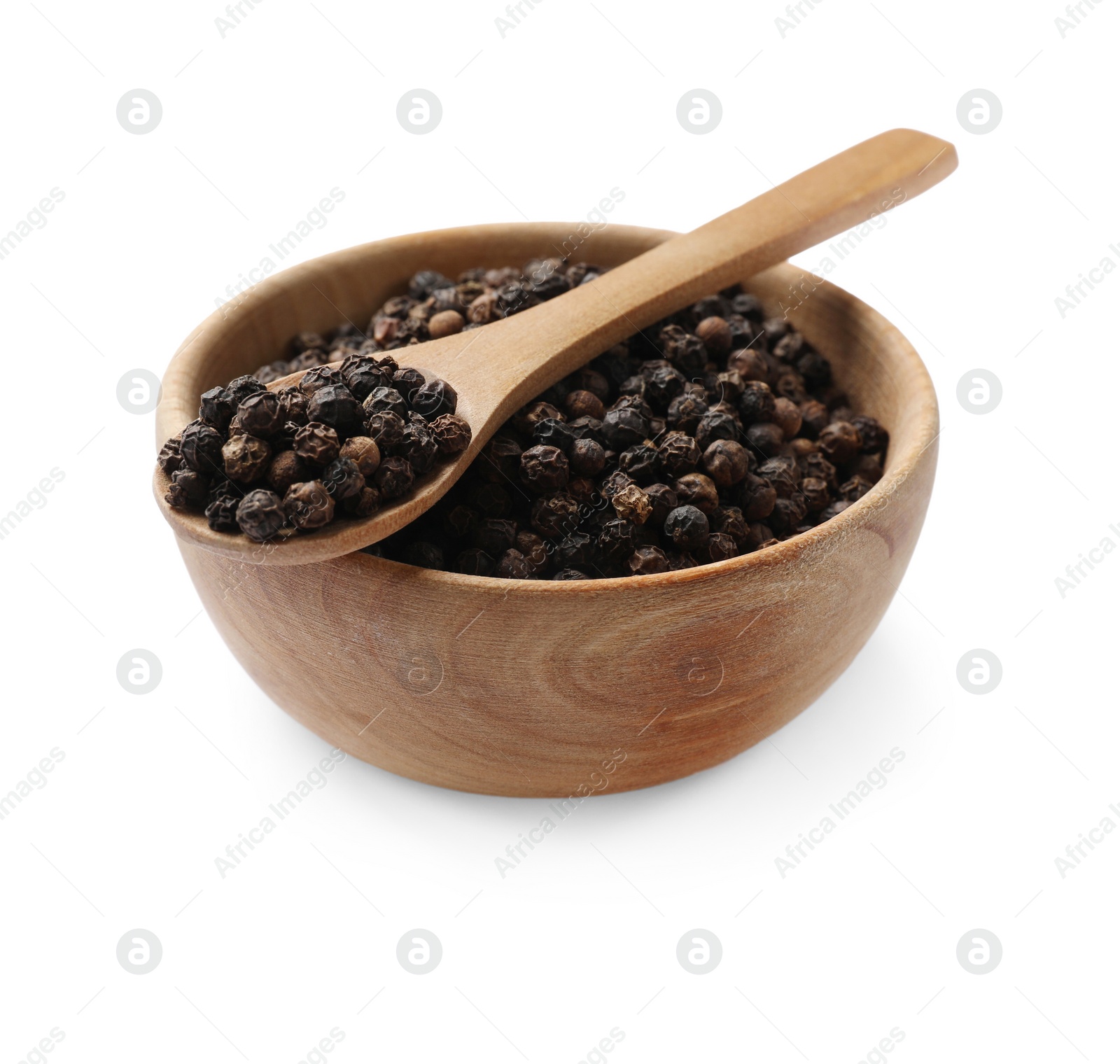 Photo of Aromatic spice. Many black peppercorns in bowl and spoon isolated on white