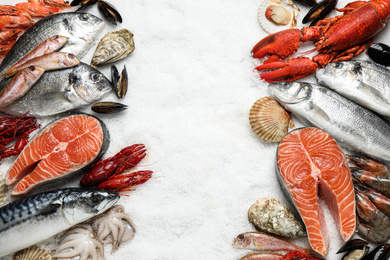 Fresh fish and seafood on ice, flat lay. Space for text