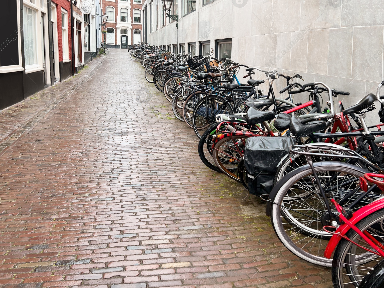 Photo of Many parked bicycles near building on city street