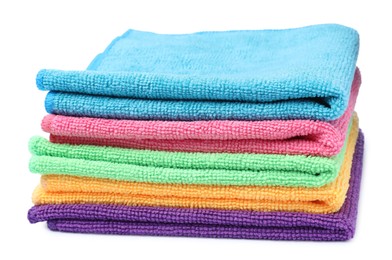 Photo of Many colorful microfiber cloths on white background