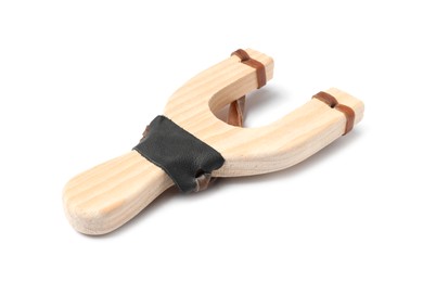 Photo of One wooden slingshot with leather pouch isolated on white