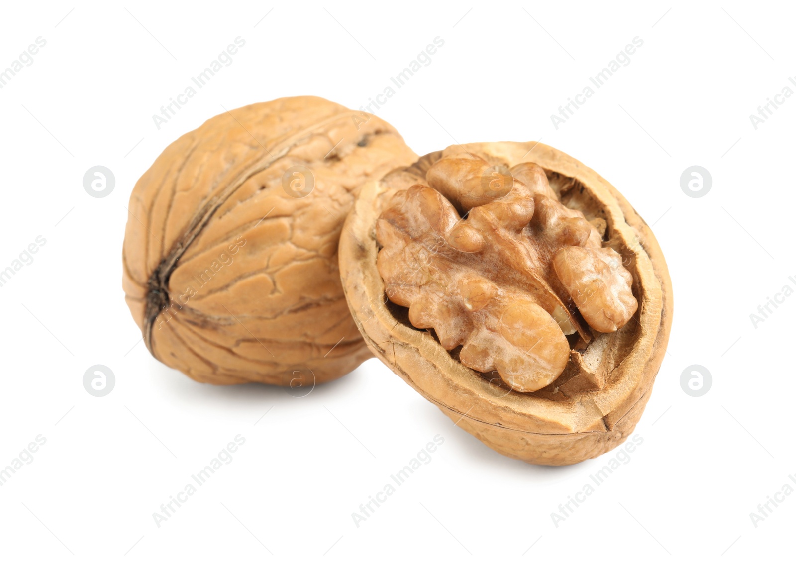 Photo of Fresh ripe walnuts in shell on white background