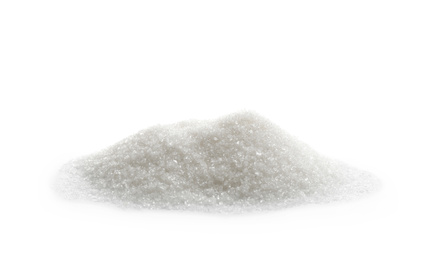 Photo of Pile of granulated sugar isolated on white