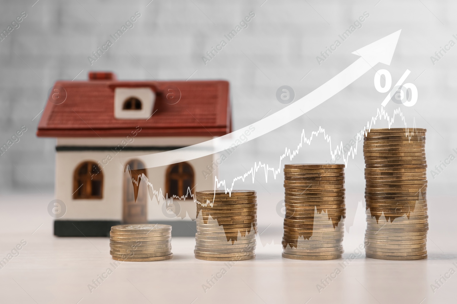 Image of Mortgage rate. Model of house, stacked coins, graphs, percent sign and arrow