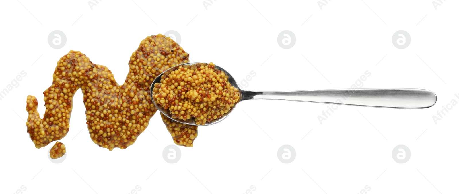 Photo of Whole grain mustard and spoon isolated on white, top view