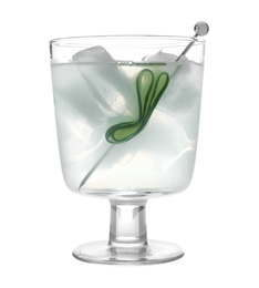 Photo of Glass of tasty martini with cucumber and ice on white background