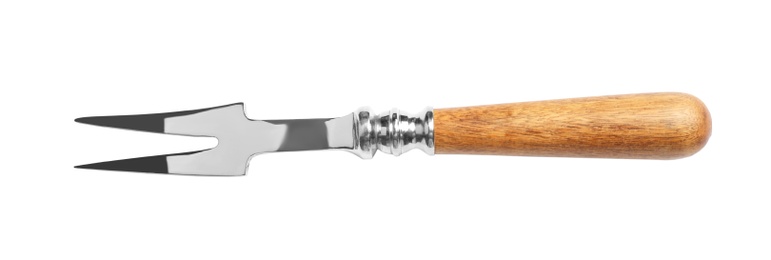 Photo of Cheese fork with wooden handle isolated on white