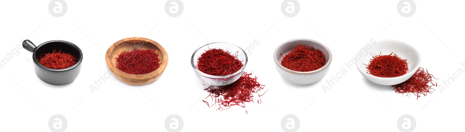 Image of Aromatic saffron in dishes isolated on white, set