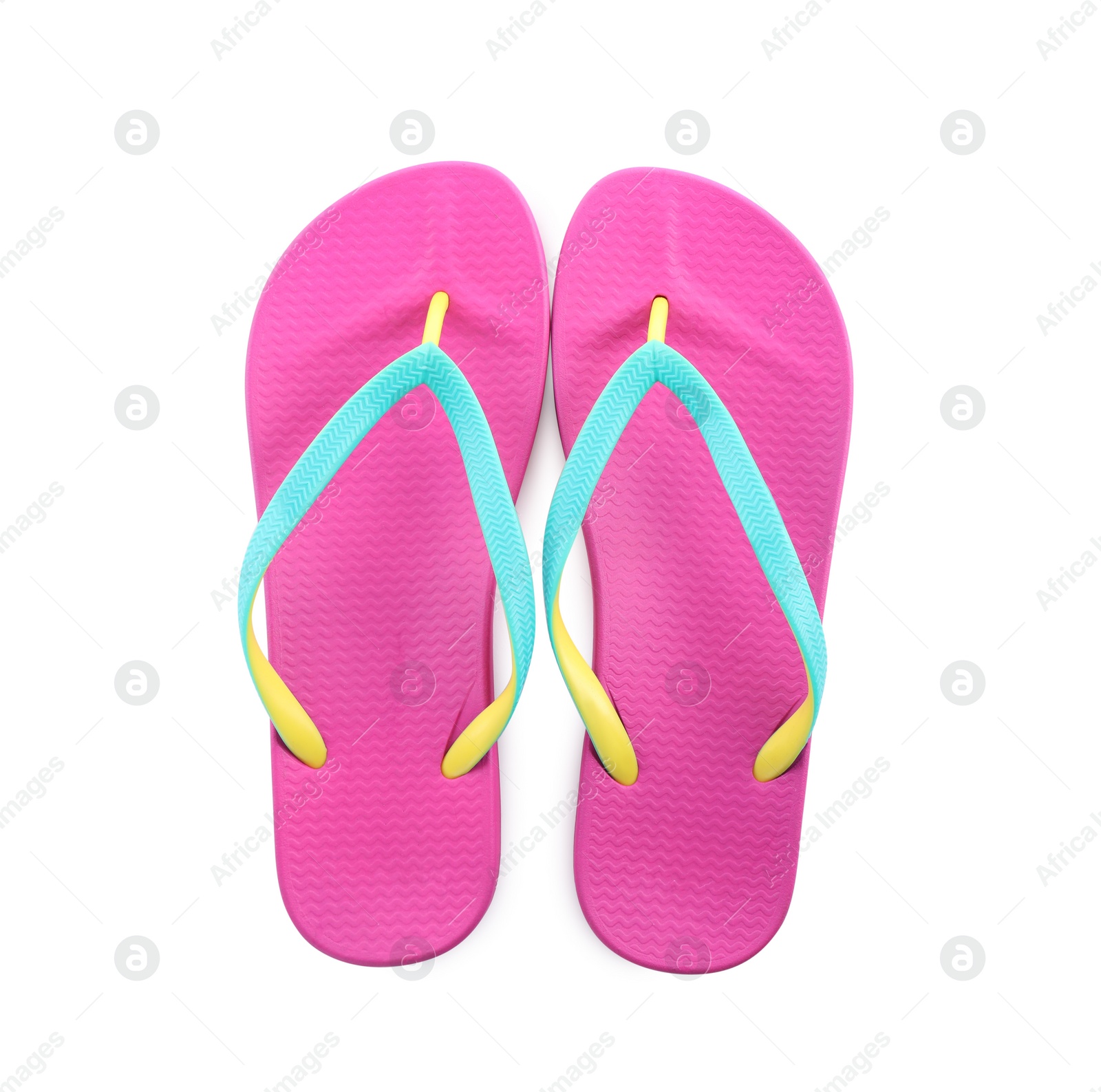 Photo of Pair of stylish pink flip flops isolated on white, top view. Beach object