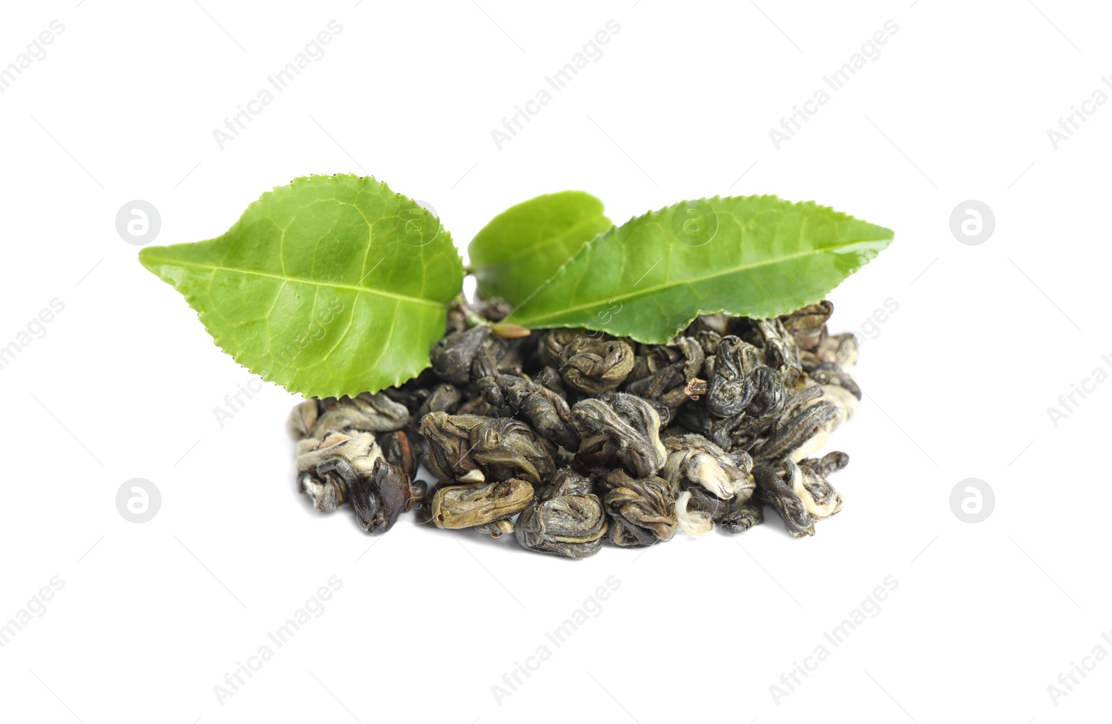 Photo of Dry and fresh tea leaves isolated on white