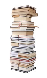 Photo of High stack of many different books isolated on white