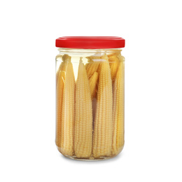 Photo of Glass jar with pickled baby corn isolated on white