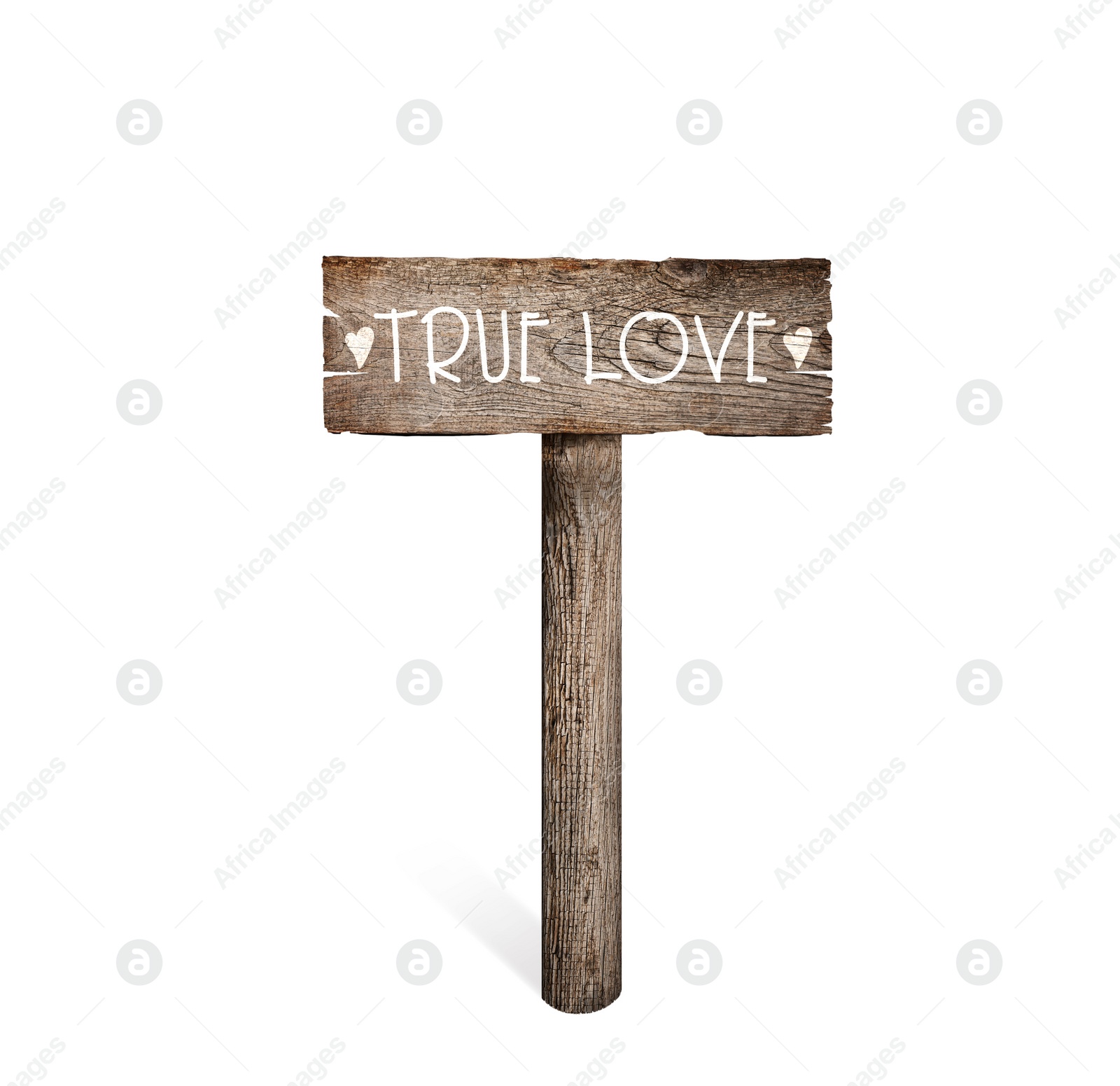 Image of Wedding concept. Wooden plaque with inscription True Love isolated on white 