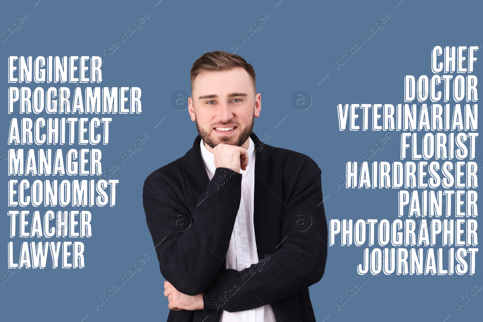 Image of Happy young man choosing profession on blue background