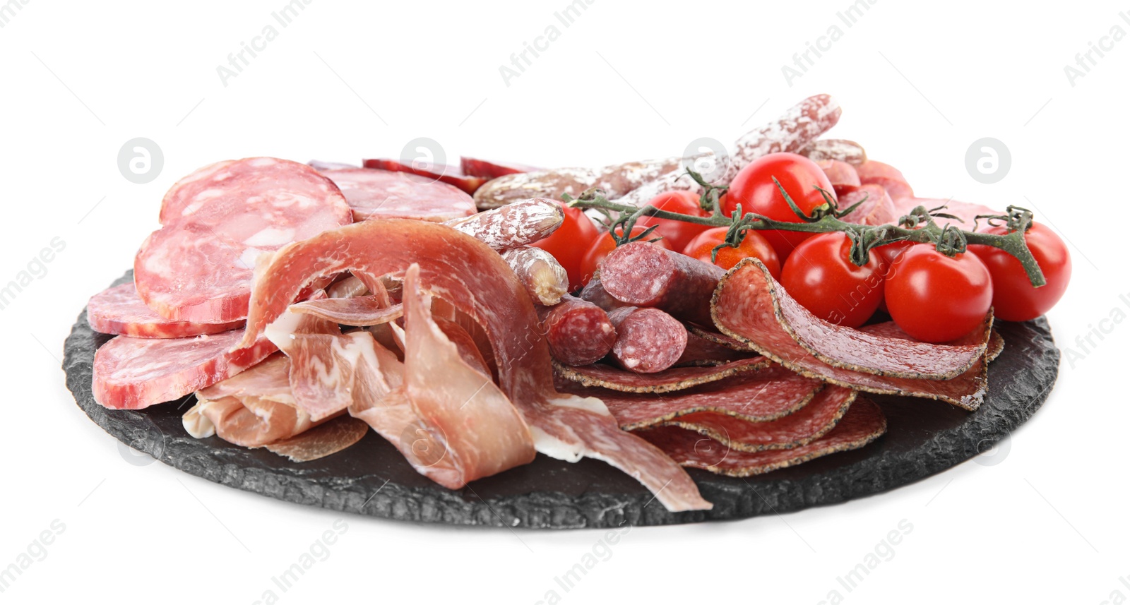 Photo of Slices of different sausages with tomatoes isolated on white