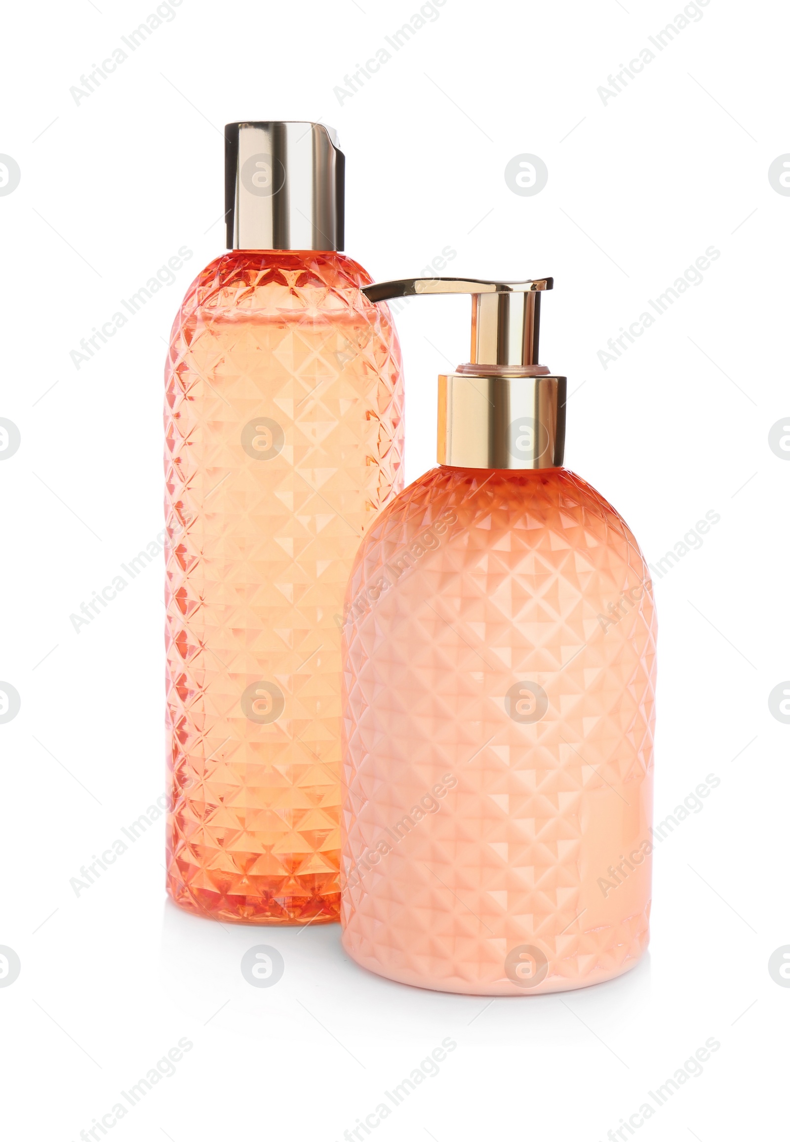 Photo of Stylish containers with skin care products on white background