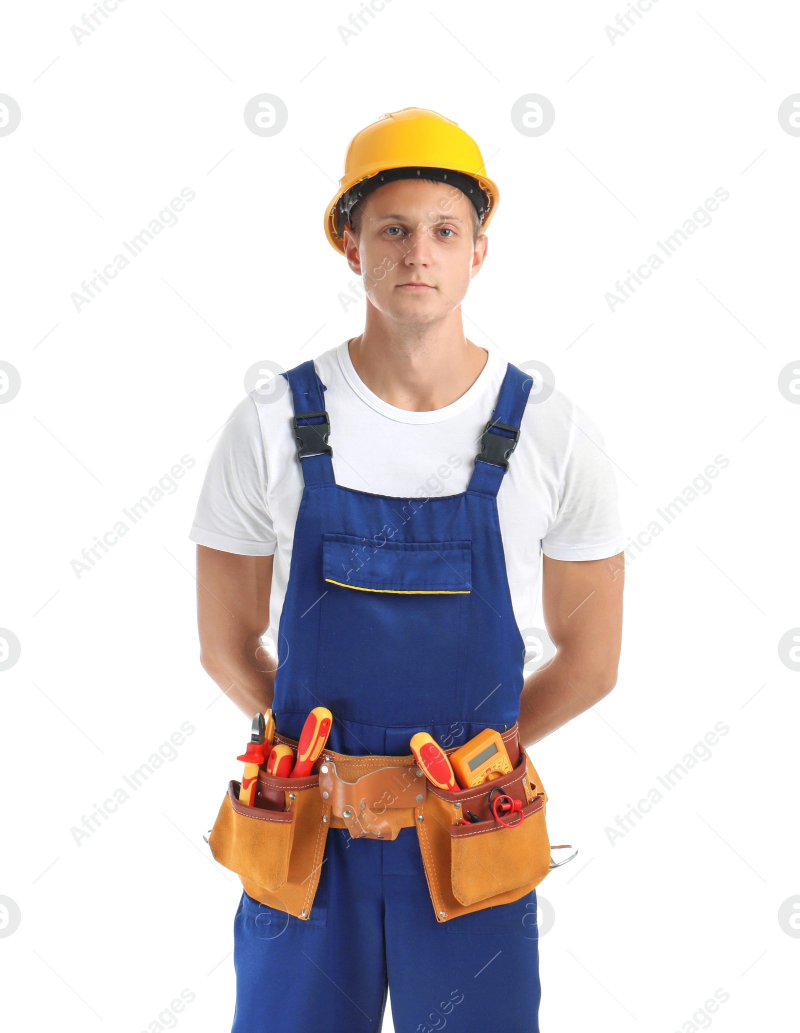 Photo of Electrician with tools wearing uniform on white background