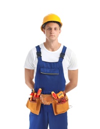 Photo of Electrician with tools wearing uniform on white background